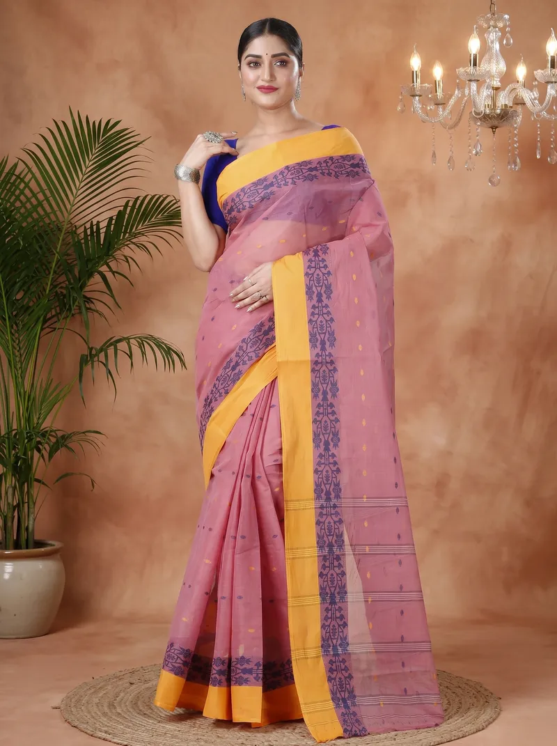 DipDiya Pure Cotton  Artisan Crafted Peach Traditional Bengali Apurvaa Tant Saree