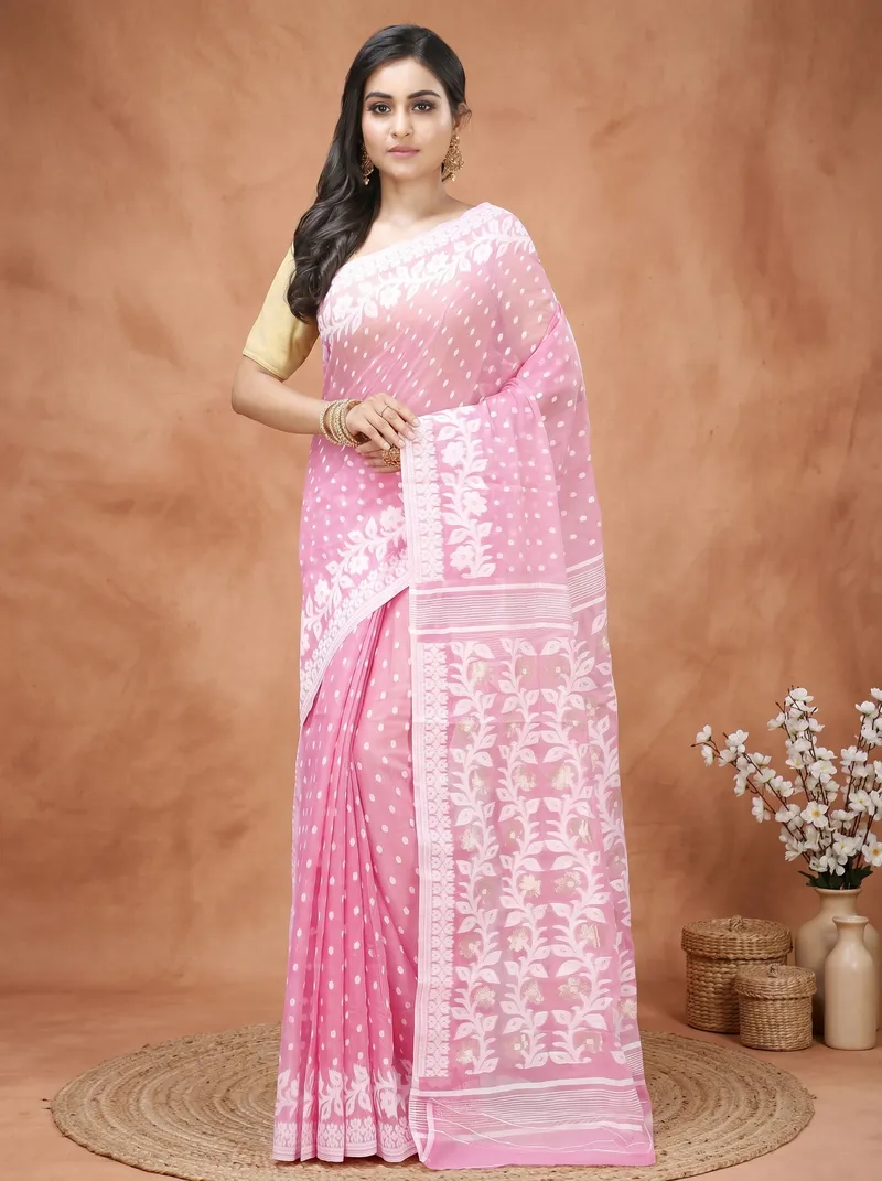 DipDiya Pure Cotton  Artisan Crafted Pink Traditional Bengali Boll Jamdani Jamdani Saree