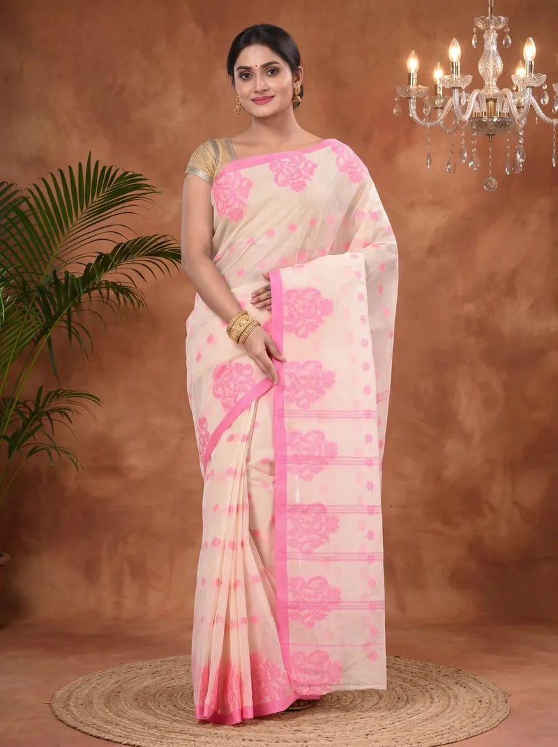 DipDiya Pure Cotton  Artisan Crafted Pink Traditional Bengali Botgach Tant Saree