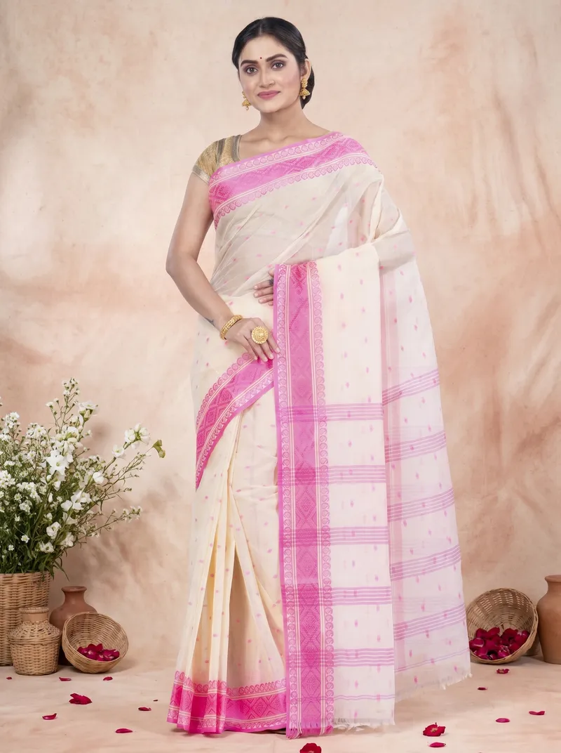 DipDiya Pure Cotton  Artisan Crafted Pink Traditional Bengali Boysko Tant Saree