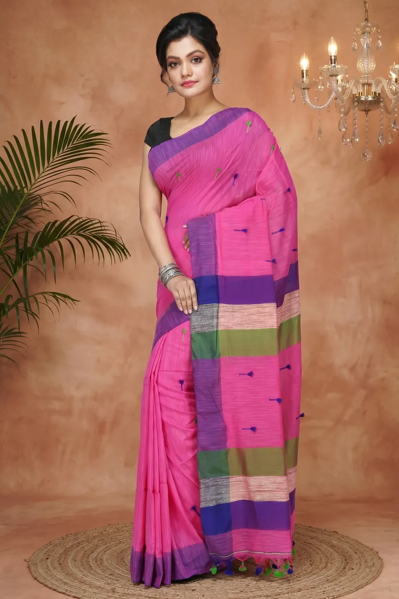 DipDiya Pure Cotton  Artisan Crafted Pink Traditional Bengali Clacial Desigined Handloom Saree