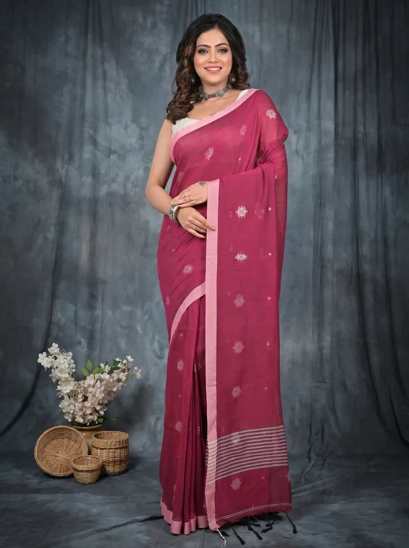 DipDiya Pure Cotton  Artisan Crafted Purpel Traditional Bengali Achbu Handloom Saree