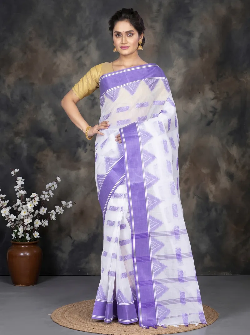 DipDiya Pure Cotton  Artisan Crafted Purple Traditional Bengali Archana Tant Saree