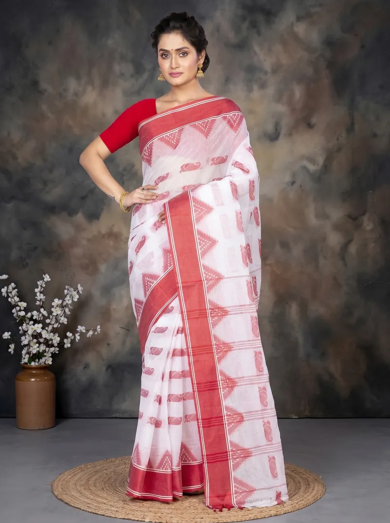 DipDiya Pure Cotton  Artisan Crafted Red Traditional Bengali Archana Tant Saree