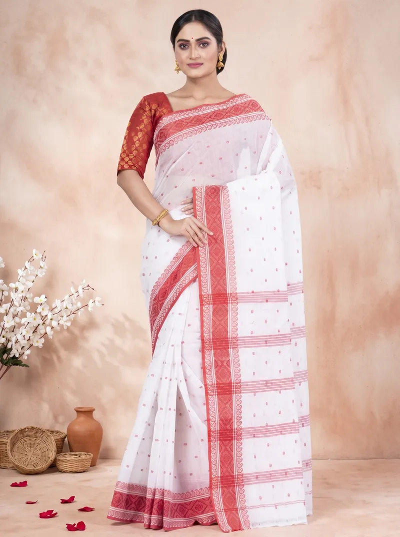 DipDiya Pure Cotton  Artisan Crafted Red Traditional Bengali Boysko Tant Saree