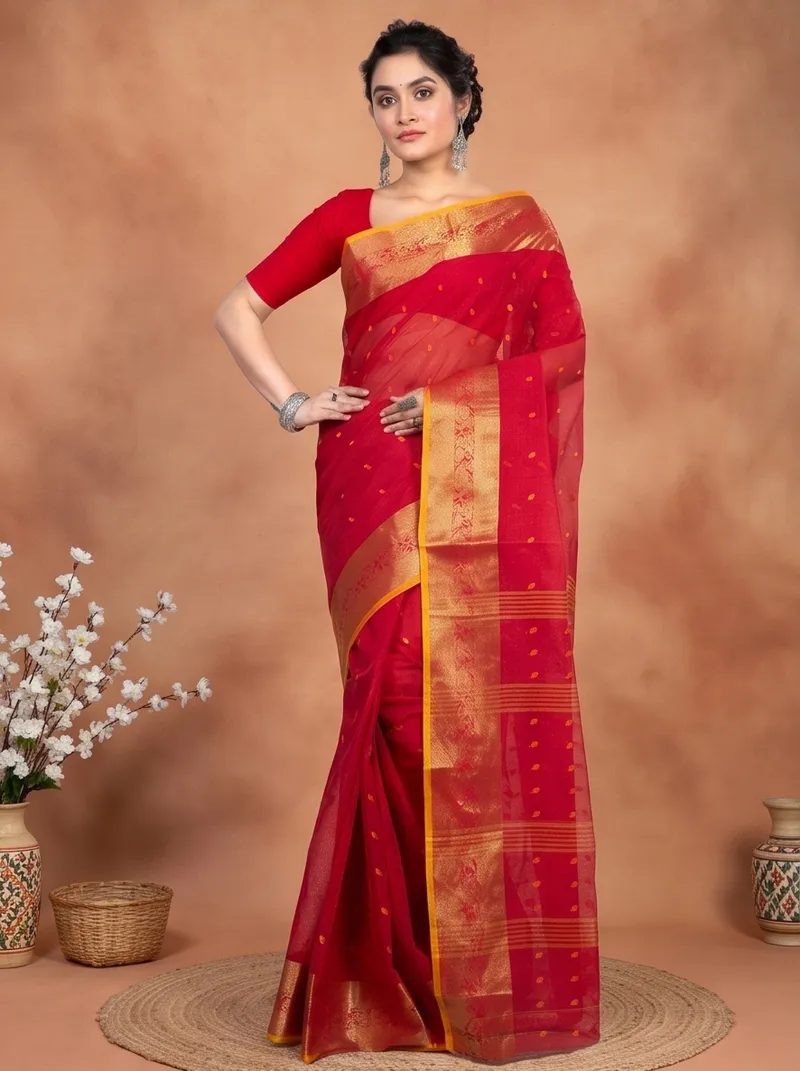 DipDiya Pure Cotton  Artisan Crafted Red Traditional Bengali Churi Par Tant Saree