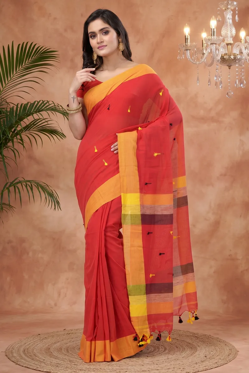 DipDiya Pure Cotton  Artisan Crafted Red Traditional Bengali Clacial Desigined Handloom Saree
