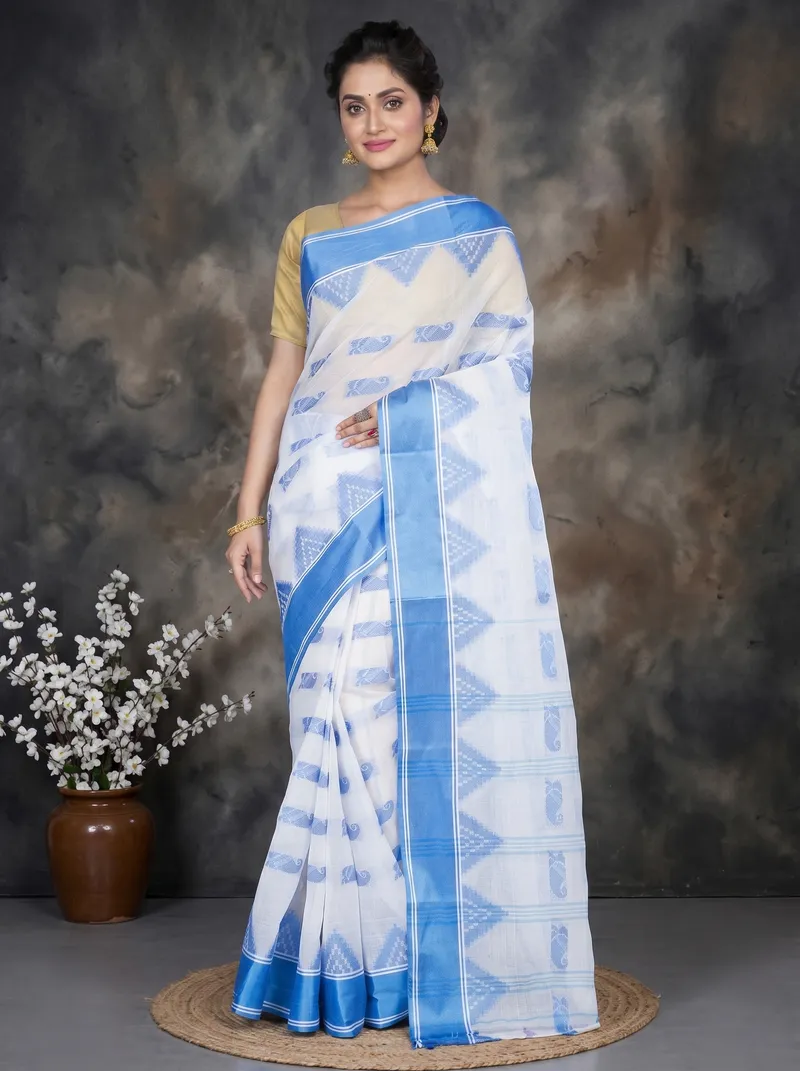 DipDiya Pure Cotton  Artisan Crafted Sky Blue Traditional Bengali Archana Tant Saree
