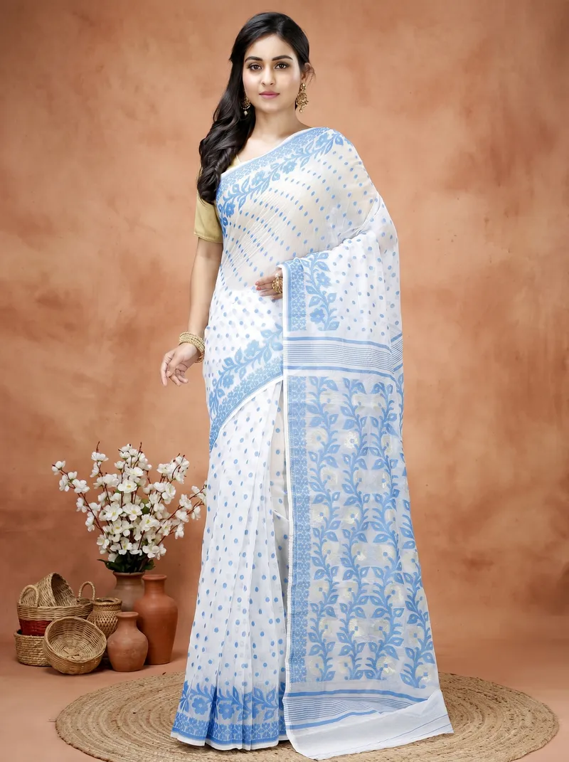 DipDiya Pure Cotton  Artisan Crafted Sky Blue Traditional Bengali Boll Jamdani Jamdani Saree