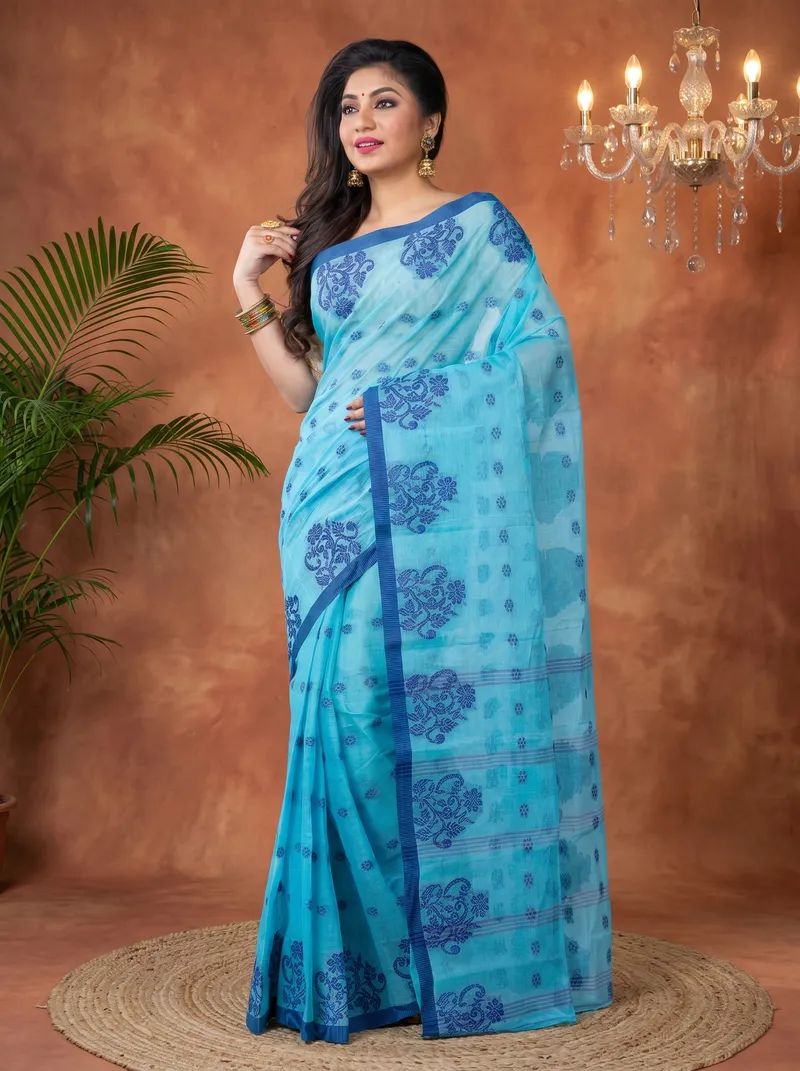 DipDiya Pure Cotton  Artisan Crafted Sky Blue Traditional Bengali Botgach Tant Saree