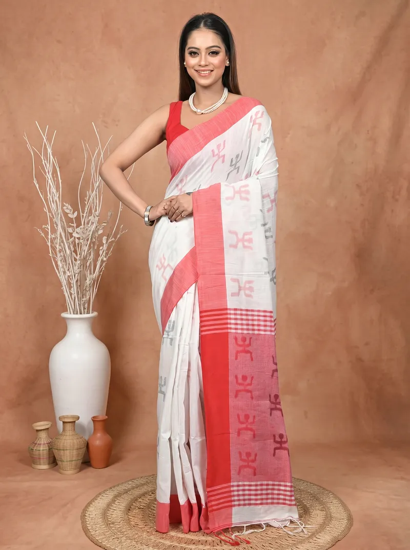 DipDiya Pure Cotton  Artisan Crafted White Red Traditional Bengali Borma Handloom Saree