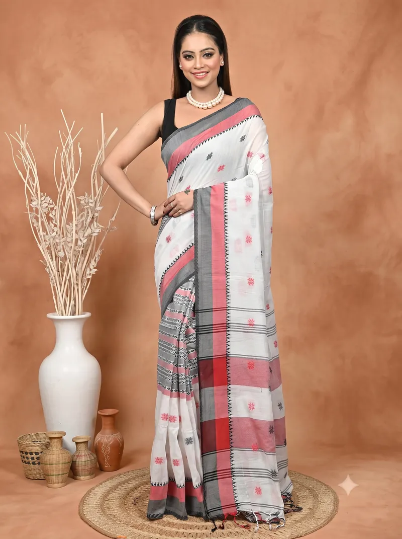 DipDiya Pure Cotton  Artisan Crafted White Red Traditional Bengali Bormaa Handloom Saree
