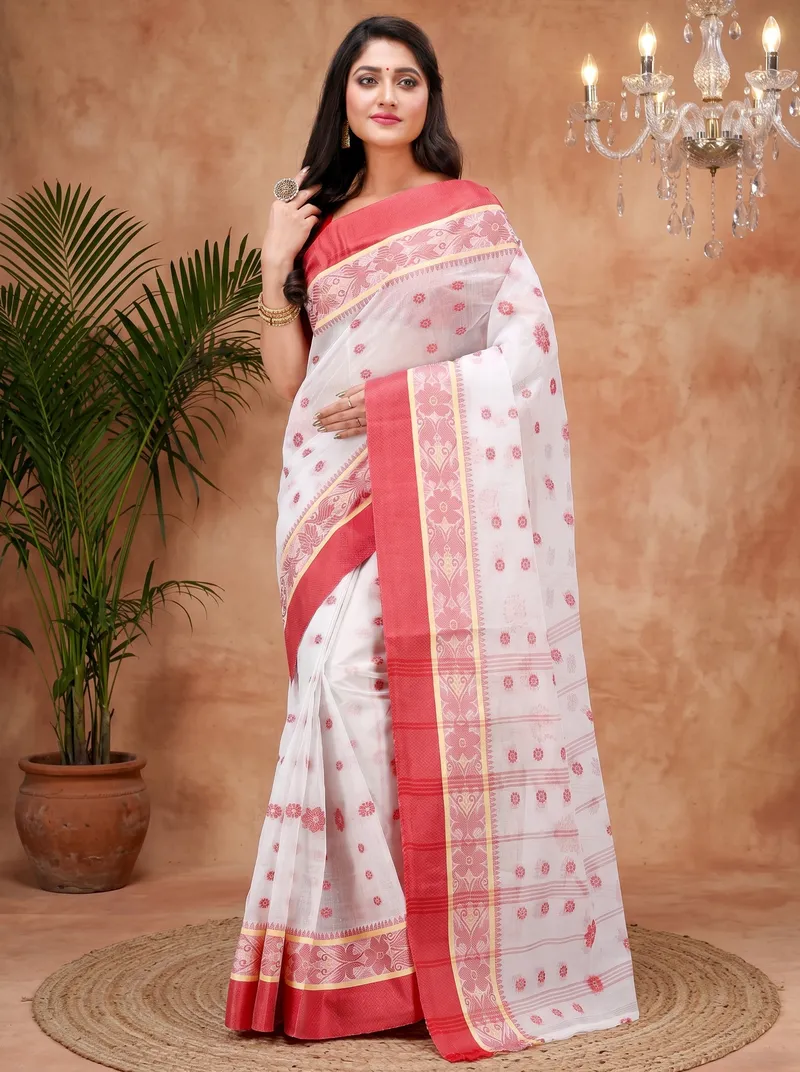 DipDiya Pure Cotton  Artisan Crafted White Traditional Bengali BolLata Tant Tant Saree