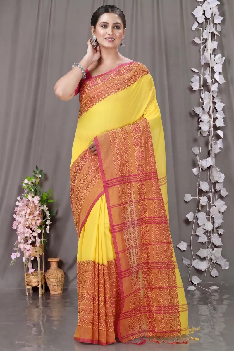 DipDiya Pure Cotton  Artisan Crafted Yellow Red Traditional Bengali Begompuri Hand Handloom Saree