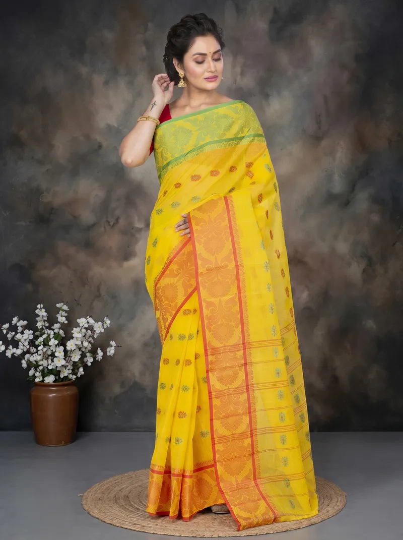 DipDiya Pure Cotton  Artisan Crafted Yellow Traditional Bengali Akriti Tant Saree