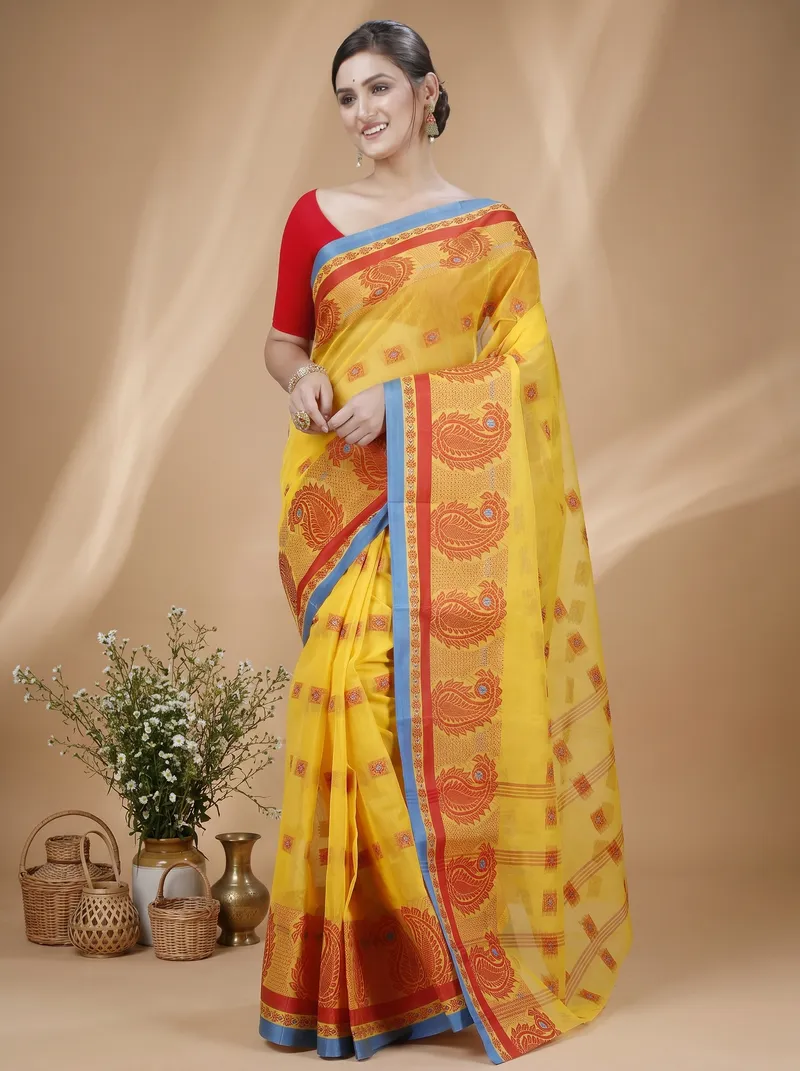 DipDiya Pure Cotton  Artisan Crafted Yellow Traditional Bengali Aloka Tant Saree