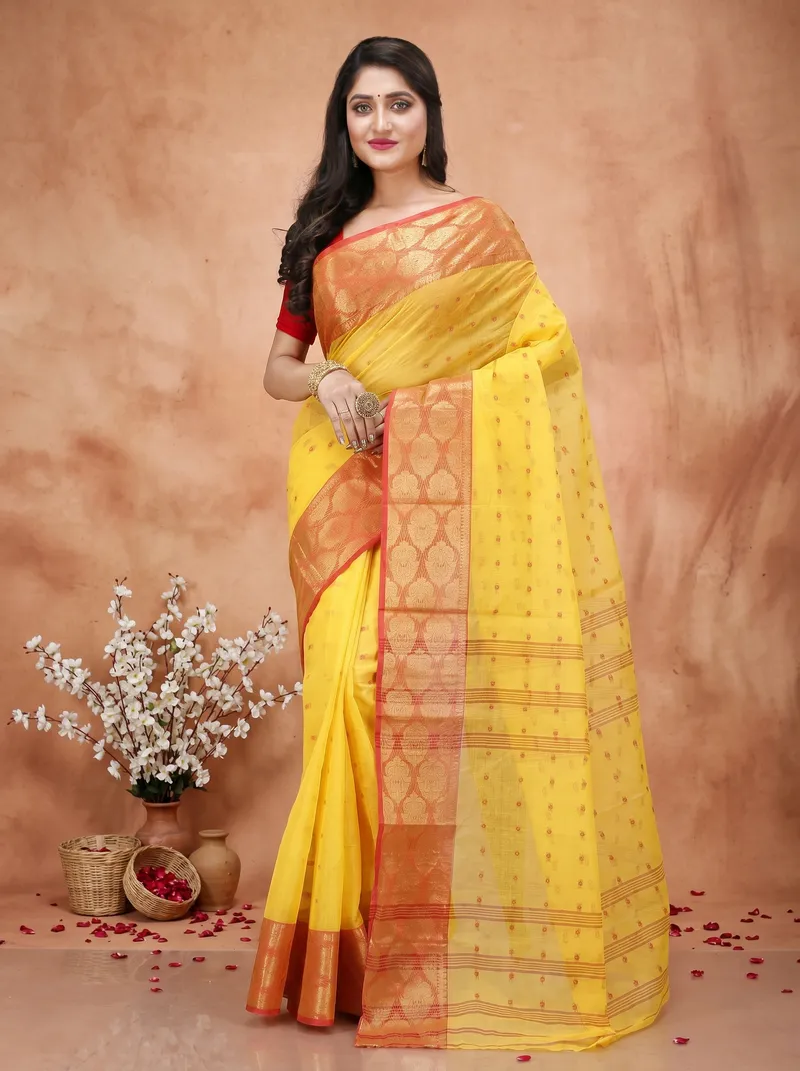 DipDiya Pure Cotton  Artisan Crafted Yellow Traditional Bengali Asmani Tant Saree