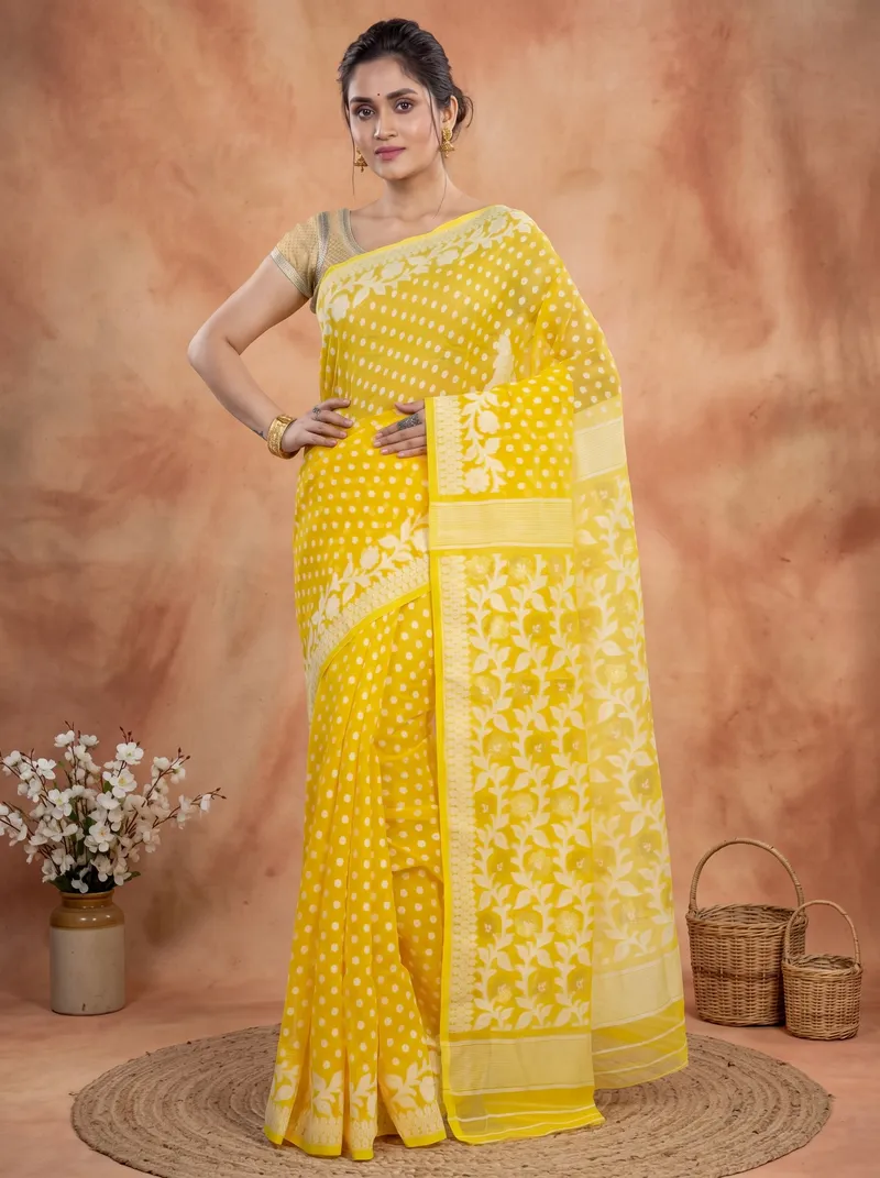 DipDiya Pure Cotton  Artisan Crafted Yellow Traditional Bengali Boll Jamdani Jamdani Saree