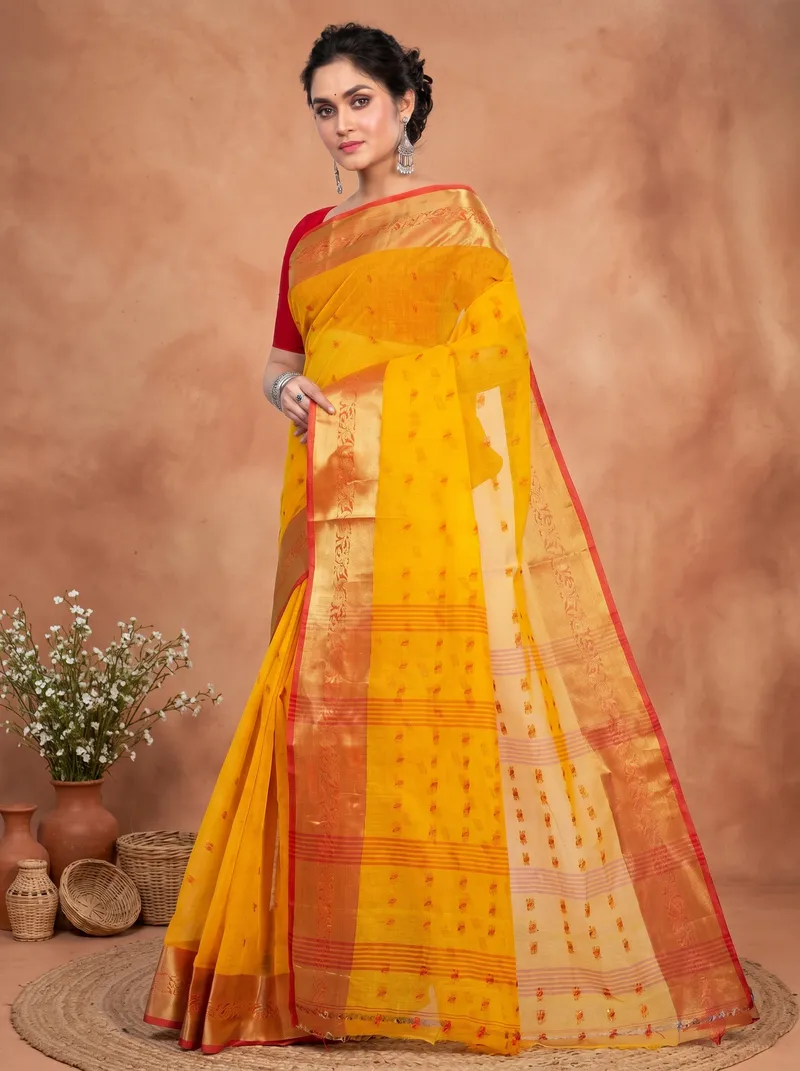DipDiya Pure Cotton  Artisan Crafted Yellow Traditional Bengali Churi Par Tant Saree