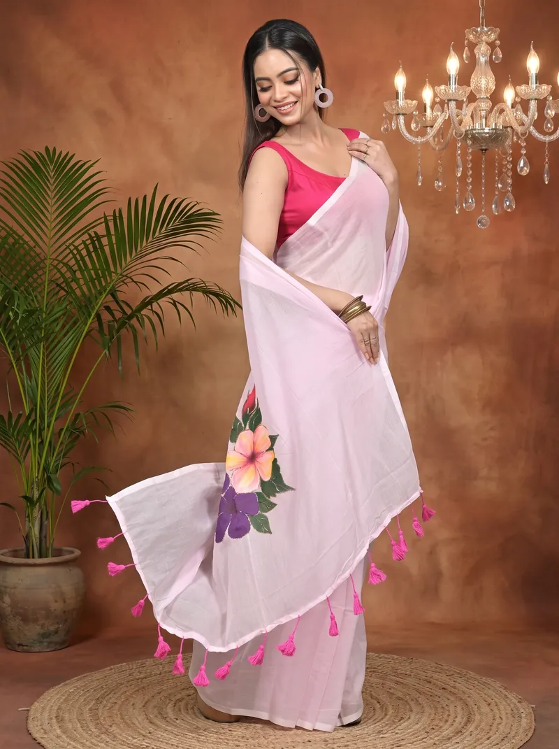 DipDiya Pure Cotton Baby Pink Norika Handcrafted Elegance Hand Painted Sarees