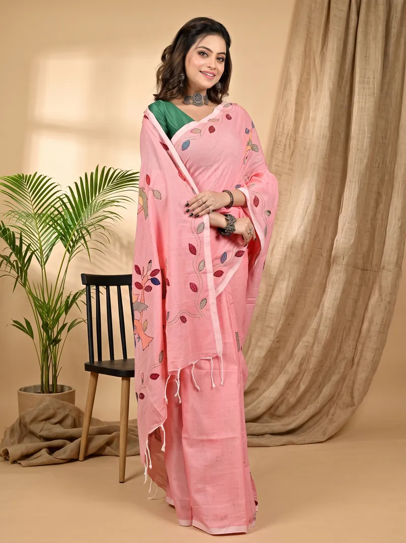 DipDiya Pure Cotton Baby Pink Pakhi Heritage You Can Wear Kantha Stitch Sarees