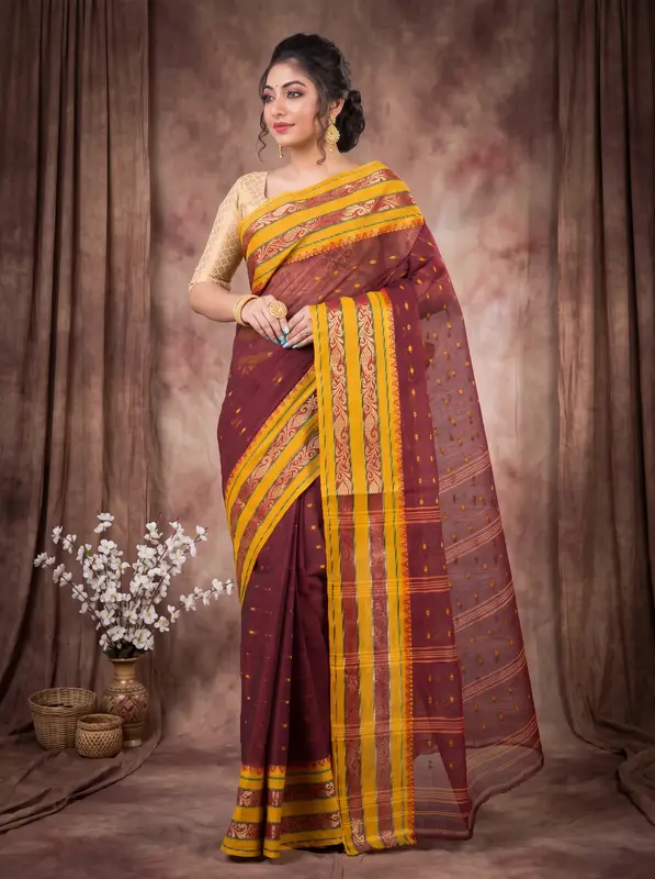 DipDiya Pure Cotton Beige Alpona Handloom Heritage Tant Sarees