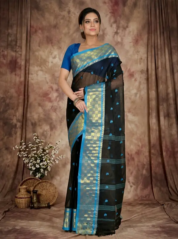 DipDiya Pure Cotton Black Atula Artisan Crafted Tant Sarees