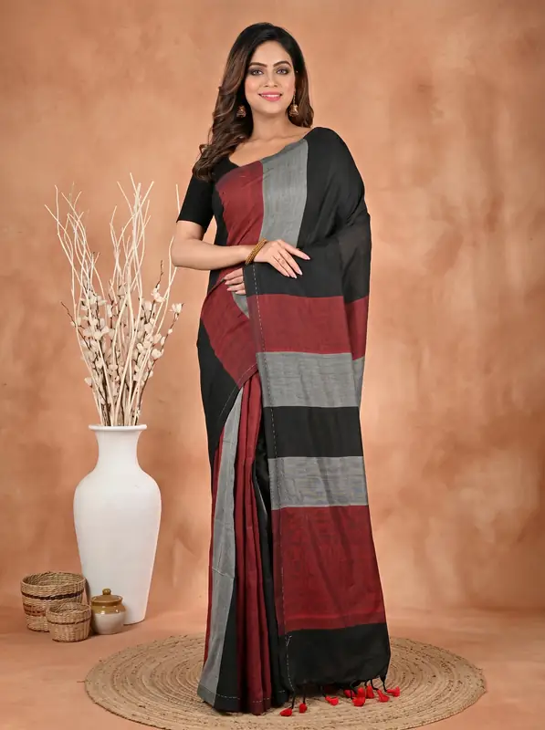 DipDiya Pure Cotton Black Brown Nator Regal Bengali Handloom Sarees