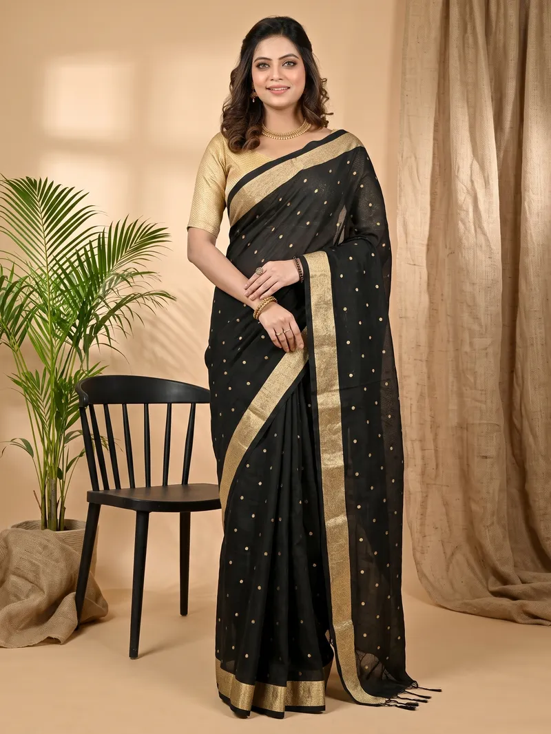 DipDiya Pure Cotton Black Foyma Threads of Tradition Printed Tant Sarees