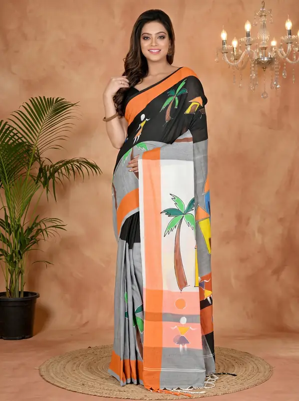 DipDiya Pure Cotton Black Grey Khadaka Kousiki Handloom Heritage Hand Painted Sarees