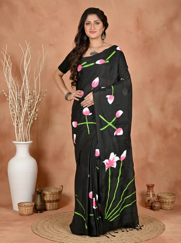 DipDiya Pure Cotton Black Kamal The Bengali Classic Hand Painted Sarees