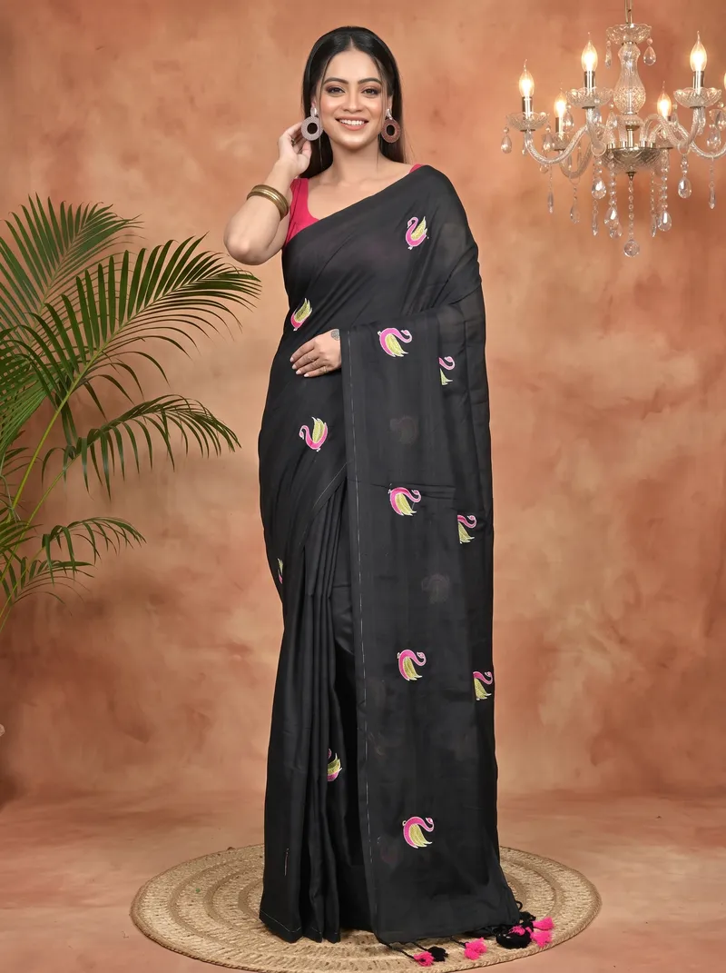 DipDiya Pure Cotton Black Norvi Heritage Elegance Embroidery Handloom sarees