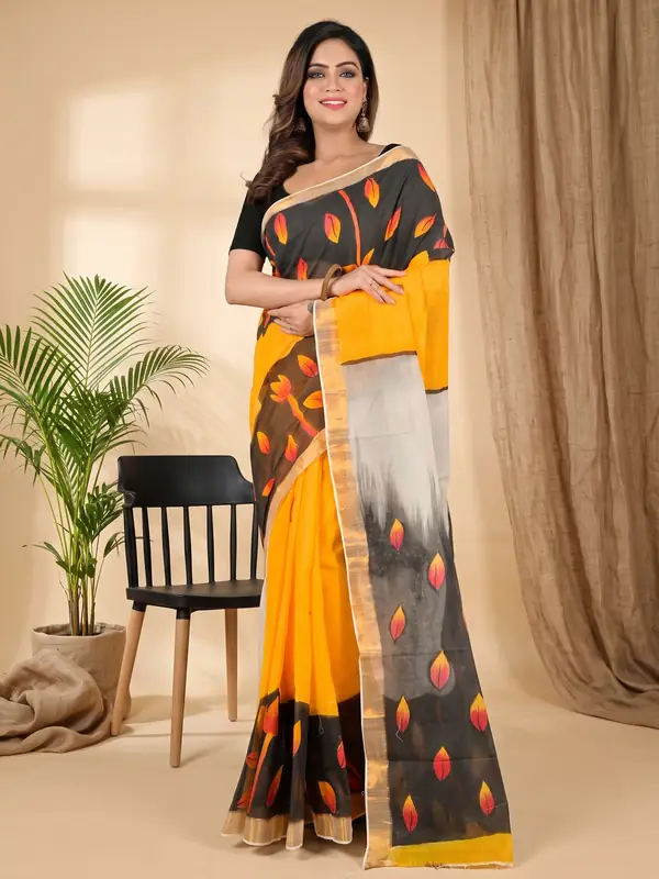DipDiya Pure Cotton Black Orange Hataka Essence of Bengals Hand Painted Sarees