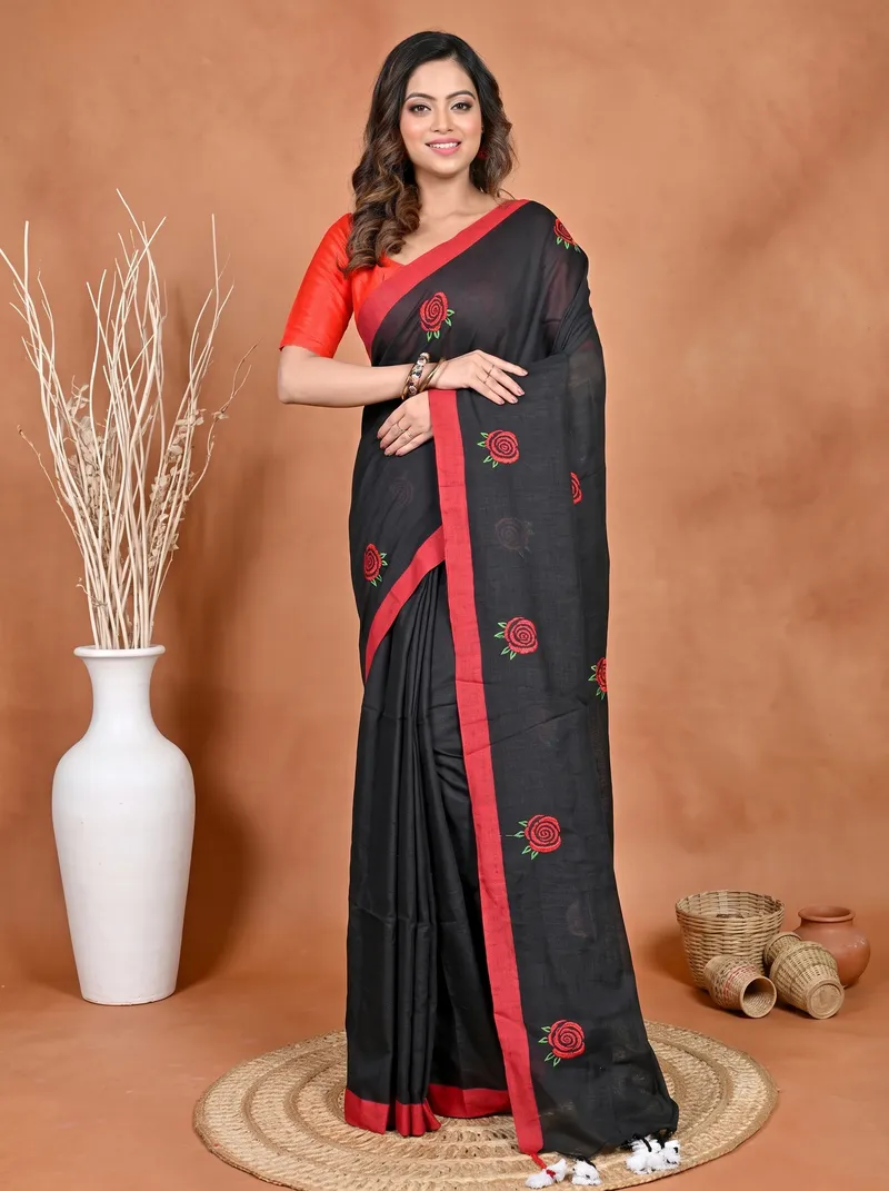 DipDiya Pure Cotton Black Parag Wrapped in Heritage Embroidery Handloom sarees