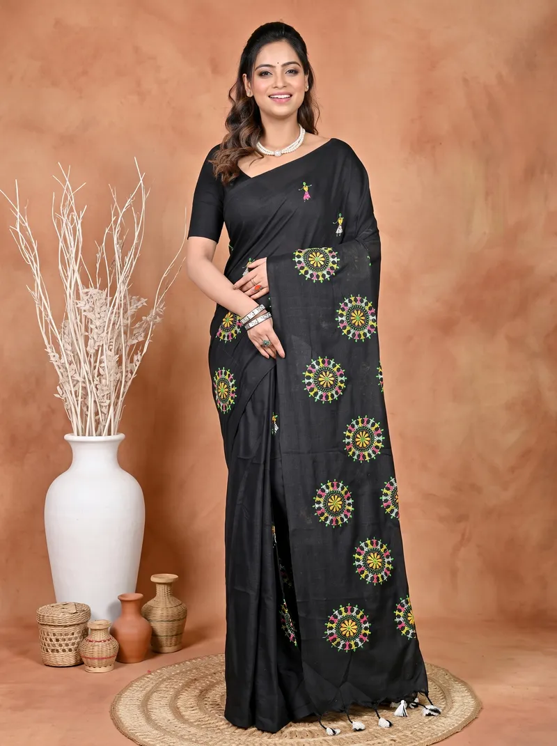 DipDiya Pure Cotton Black Parama The Bengali Classic Embroidery Handloom sarees