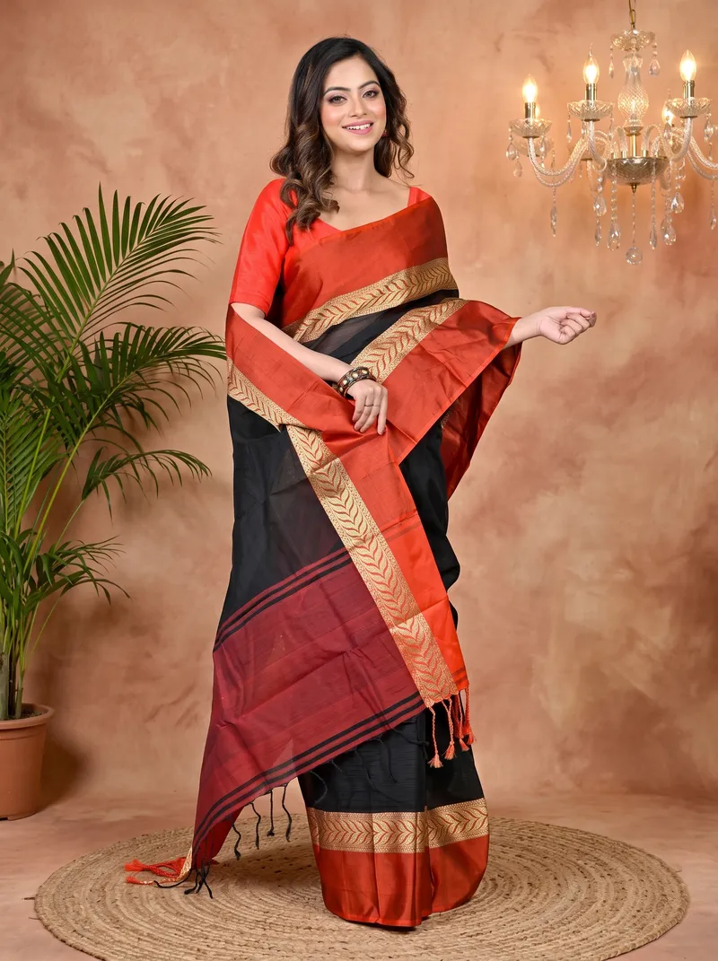 DipDiya Pure Cotton Black Parvin Woven with Tradition Tant Sarees