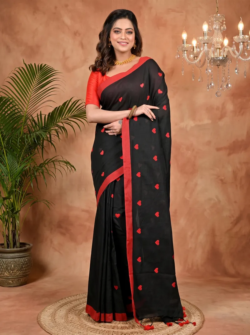 DipDiya Pure Cotton Black Red Dhrli Artisan Woven Embroidery Handloom sarees