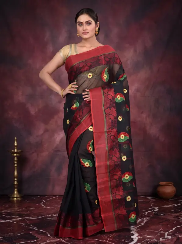 DipDiya Pure Cotton Black Shanko Embro Rooted in Bengal Embroidery Tant Sarees