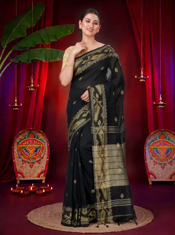 DipDiya Pure Cotton Black Tuma Timeless Elegance Handloom Sarees