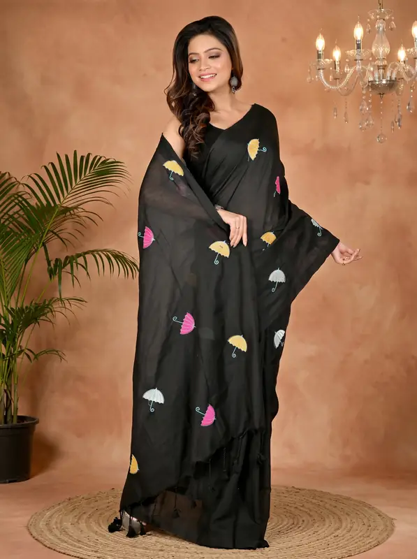 DipDiya Pure Cotton Black Umber Than Woven with Tradition Embroidery Handloom sarees