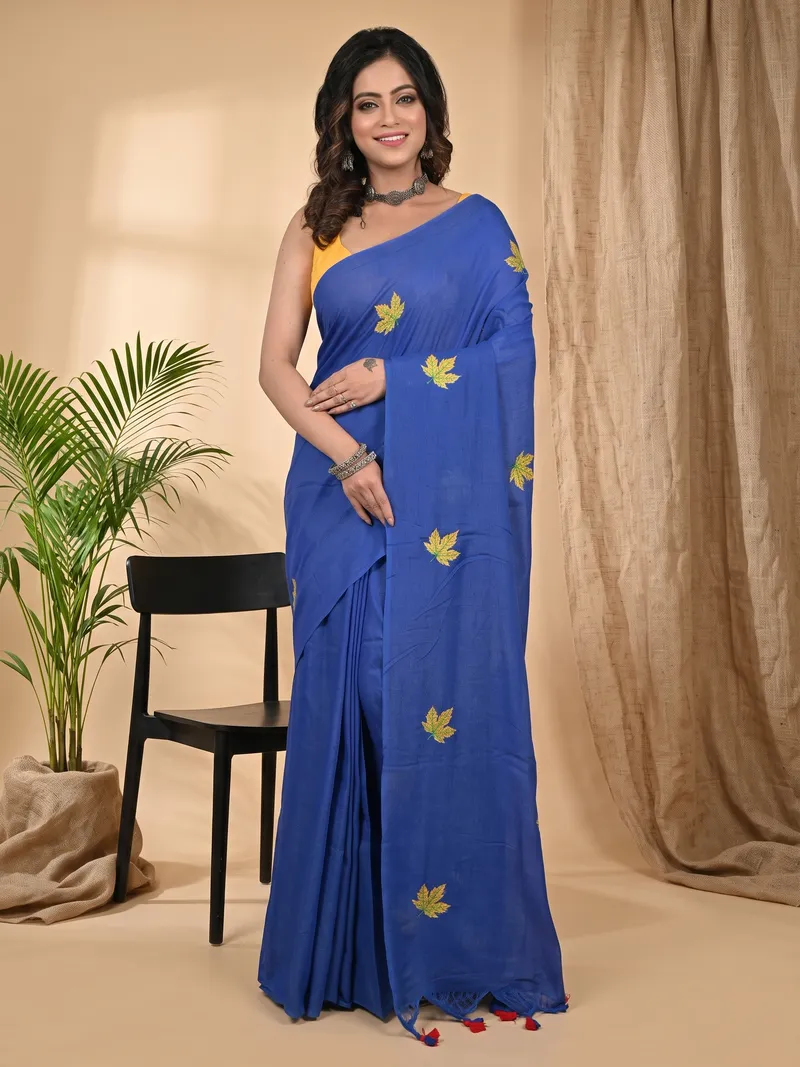 DipDiya Pure Cotton Blue Achrun Heritage of Bengal Embroidery Handloom sarees