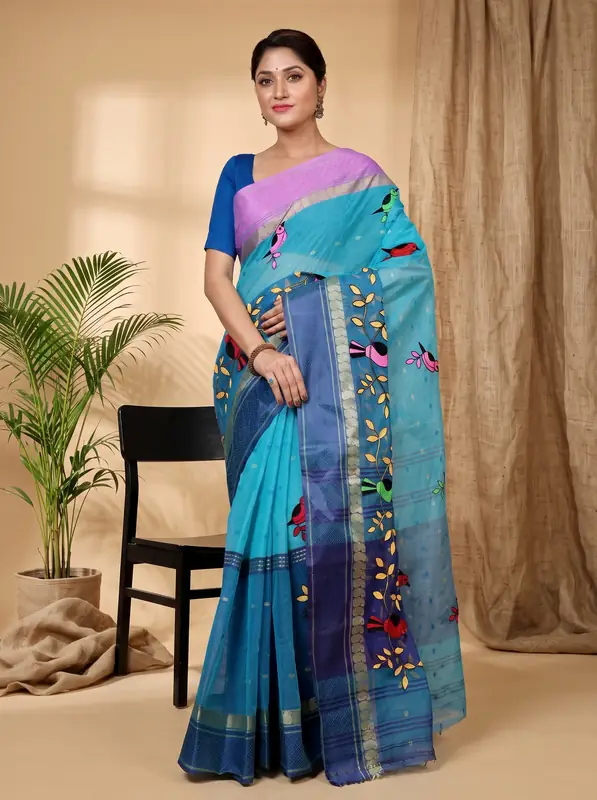 DipDiya Pure Cotton Blue Embi Ganga Chari A Legacy Woven Embroidery Tant Sarees
