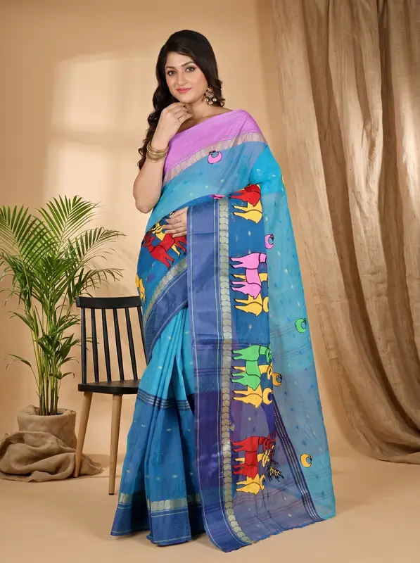 DipDiya Pure Cotton Blue Embi Ganga Indra Woven with Love Embroidery Tant Sarees