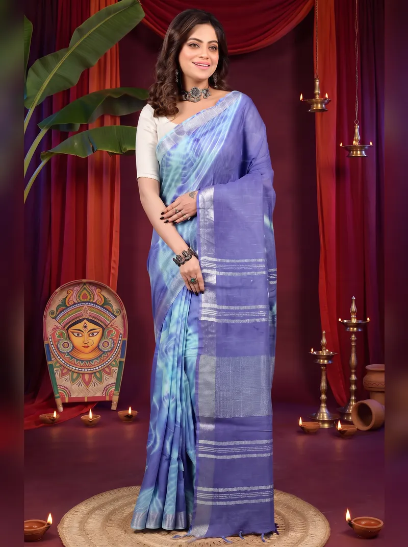 DipDiya Pure Cotton Blue Finui The Bengali Classic Handloom Sarees