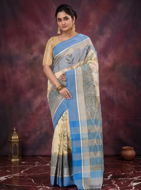 DipDiya Pure Cotton Blue Lata Pata Bengal’s Tradition Printed Tant Sarees