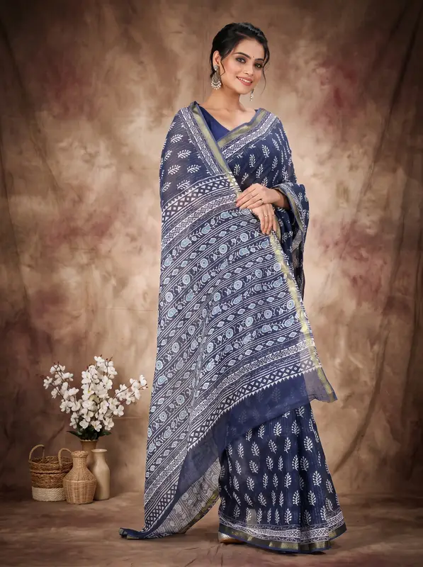 DipDiya Pure Cotton Blue Mela Woven with Tradition Printed Handloom Sarees