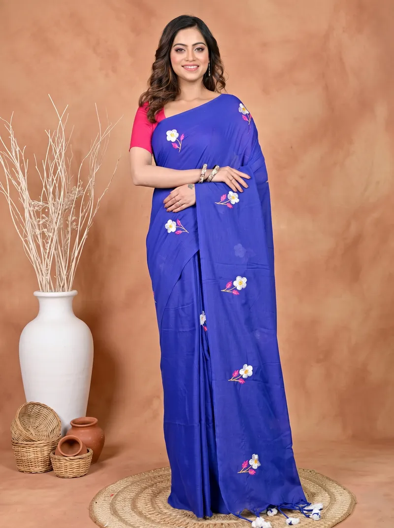 DipDiya Pure Cotton Blue Paray Traditional Bengali Embroidery Handloom sarees