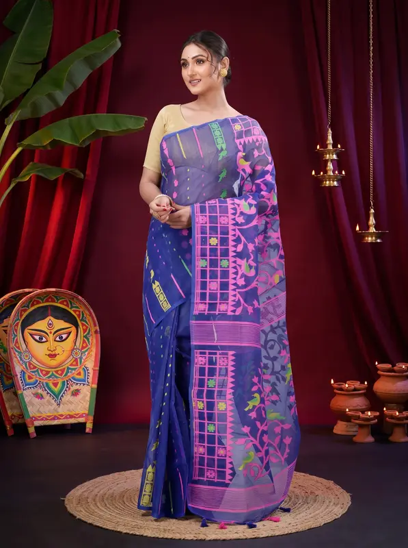 DipDiya Pure Cotton Blue Sabon Handloom Heritage Jamdani Sarees