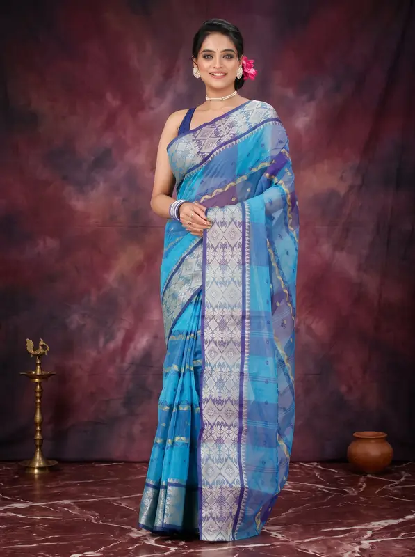 DipDiya Pure Cotton Blue SonaJhuri Desiging Heritage Elegance Tant Sarees