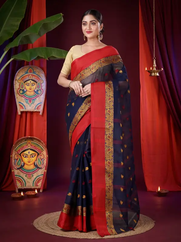 DipDiya Pure Cotton Blue Srimati Woven with Tradition Tant Sarees